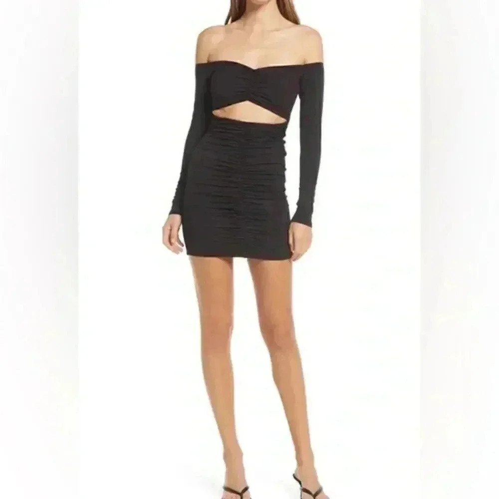 NWT Naked Wardrobe Ruched Long Sleeve Off the Shoulder Minidress M